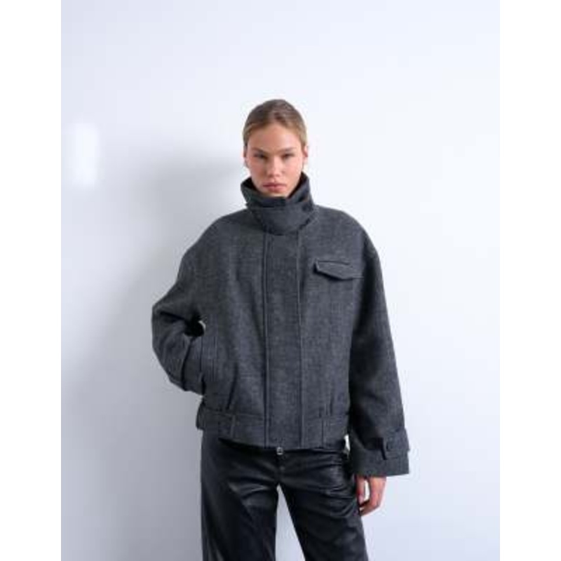 Topshop wool blend bomber jacket with tab detail in charcoal