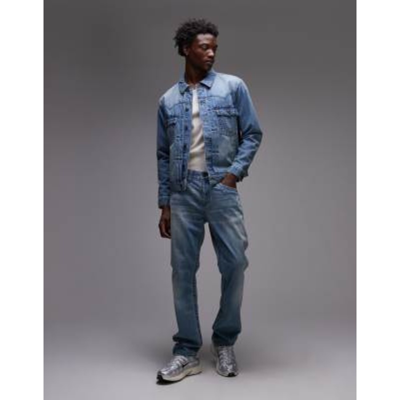 True Religion oversized denim jacket with flap pockets in blue wash – part of a set