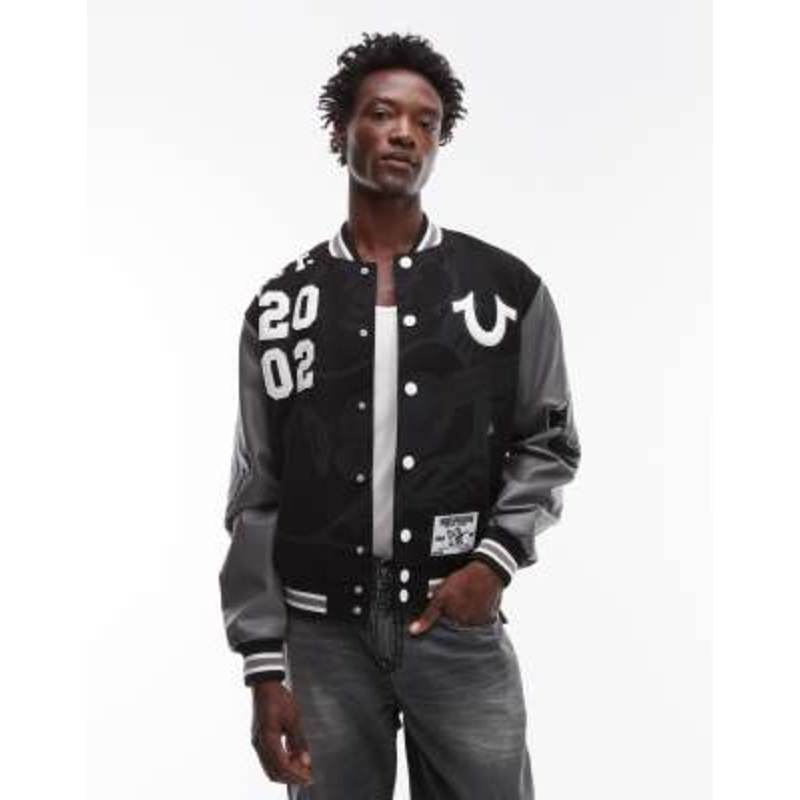 True Religion patch detail varsity bomber jacket with faux leather sleeves in black