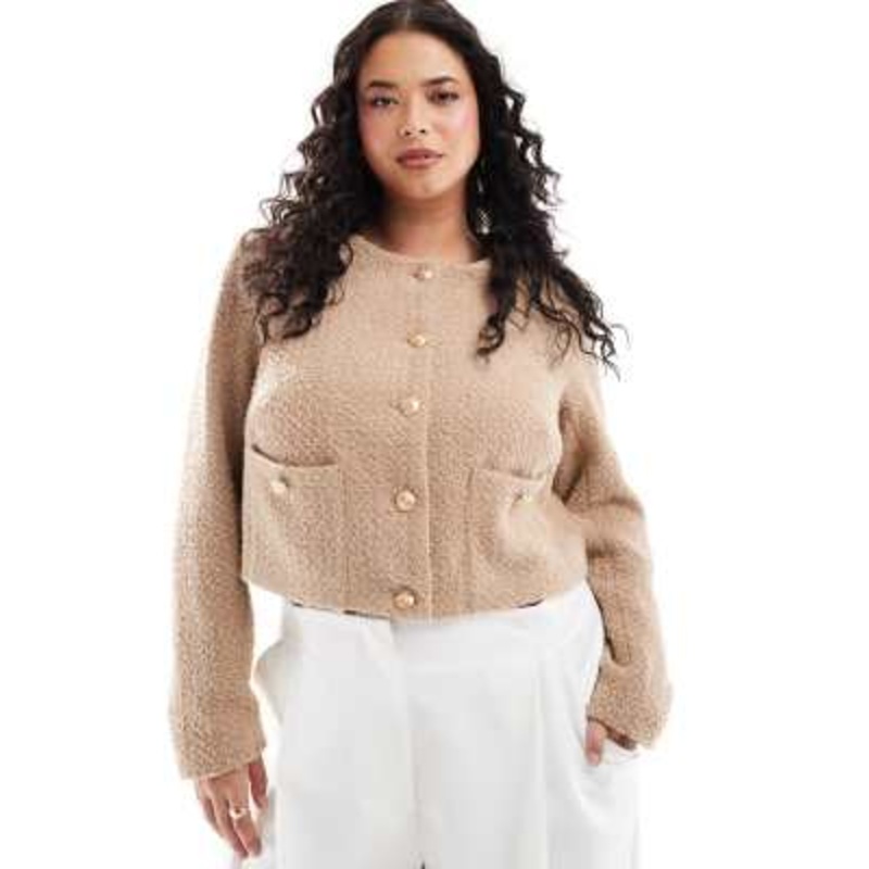 4th & Reckless Plus exclusive boucle gold button through cropped jacket in camel