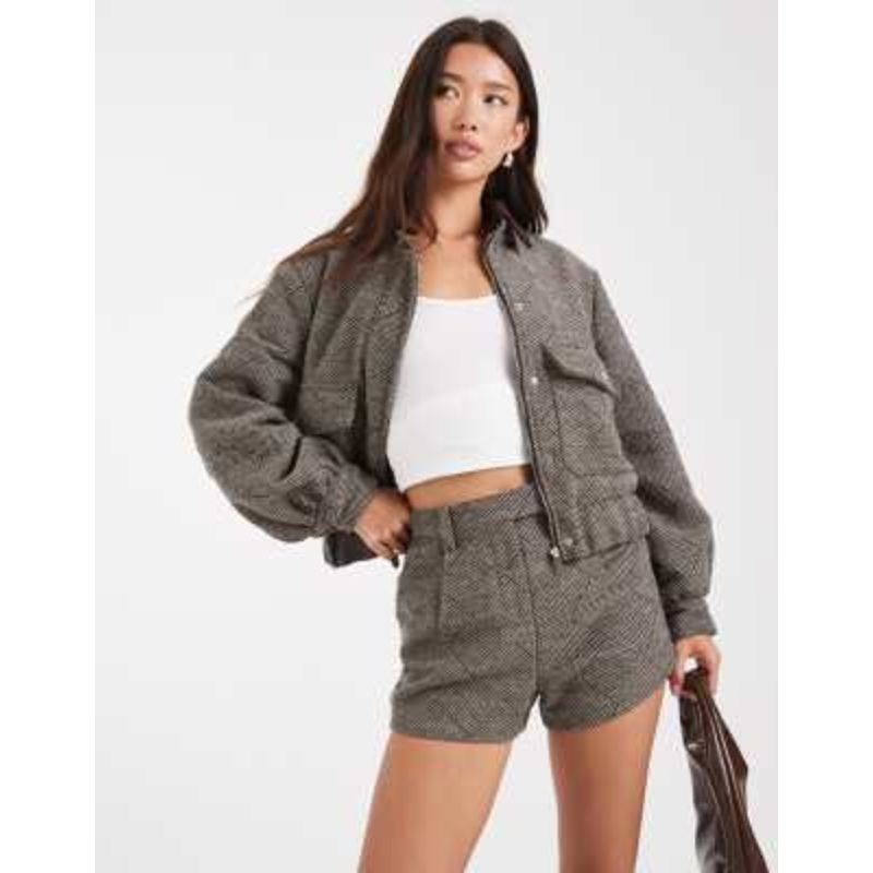 4th & Reckless wool feel pocket detail contrast collar balloon sleeve bomber jacket in brown herringbone check – part of a set