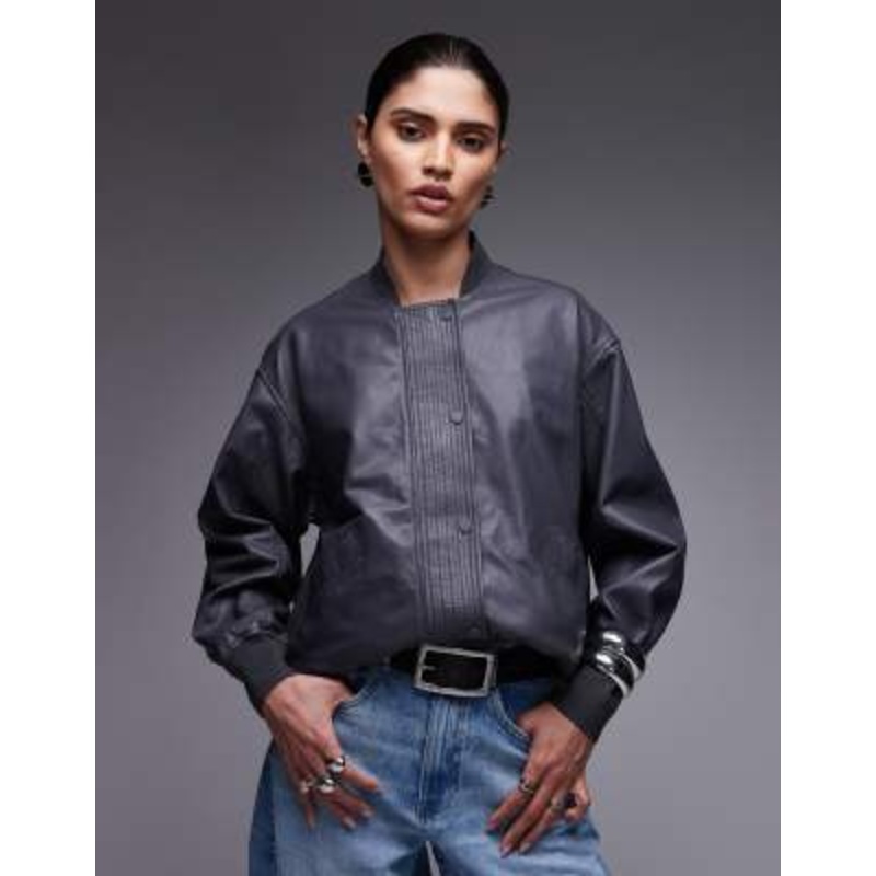 AllSaints sofi leather bomber jacket in graphite blue