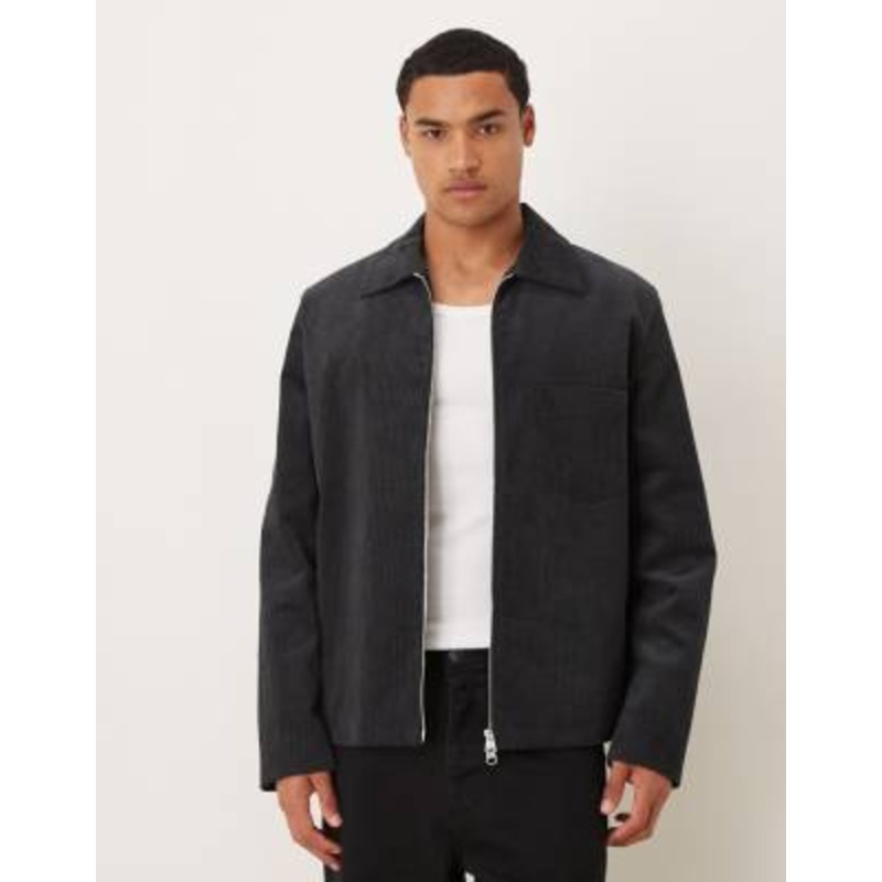 ARKET cord zip up jacket with front pocket in navy blue