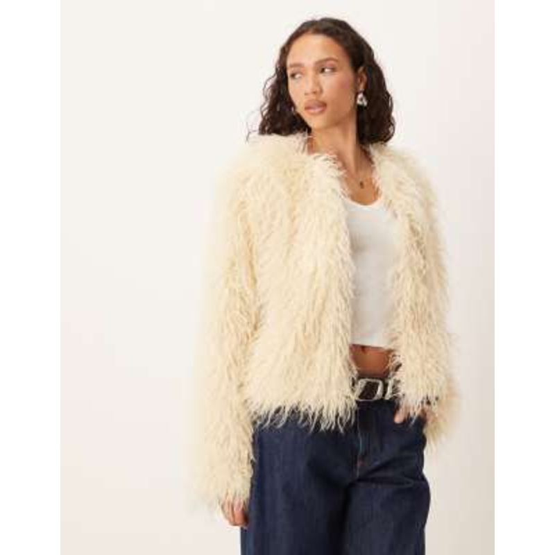 Brave Soul collarless short mongolian faux fur jacket in cream