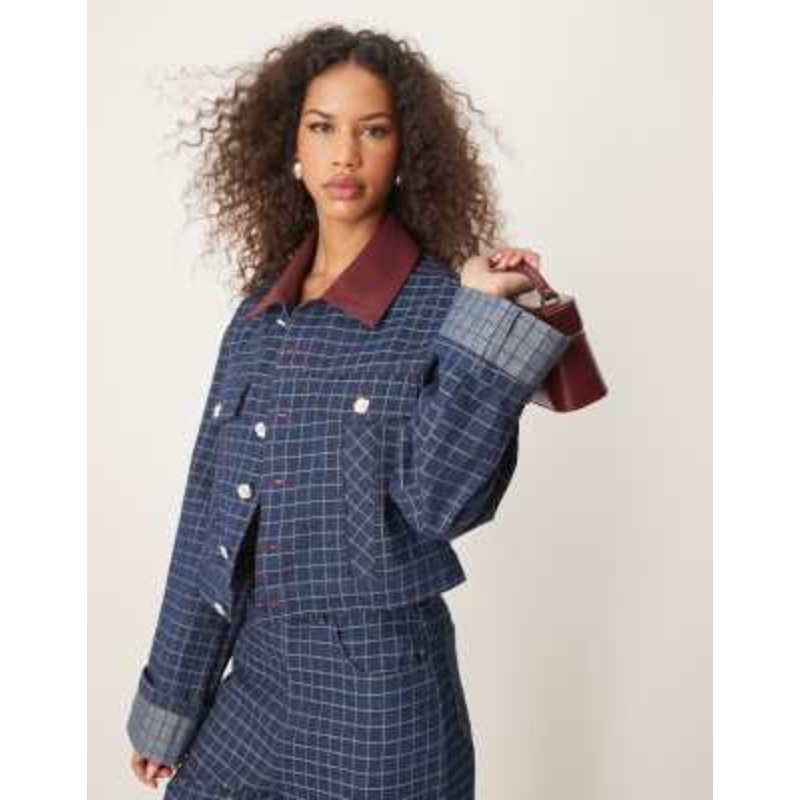 Ghospell contrast PU collar denim jacket in blue check – part of a set