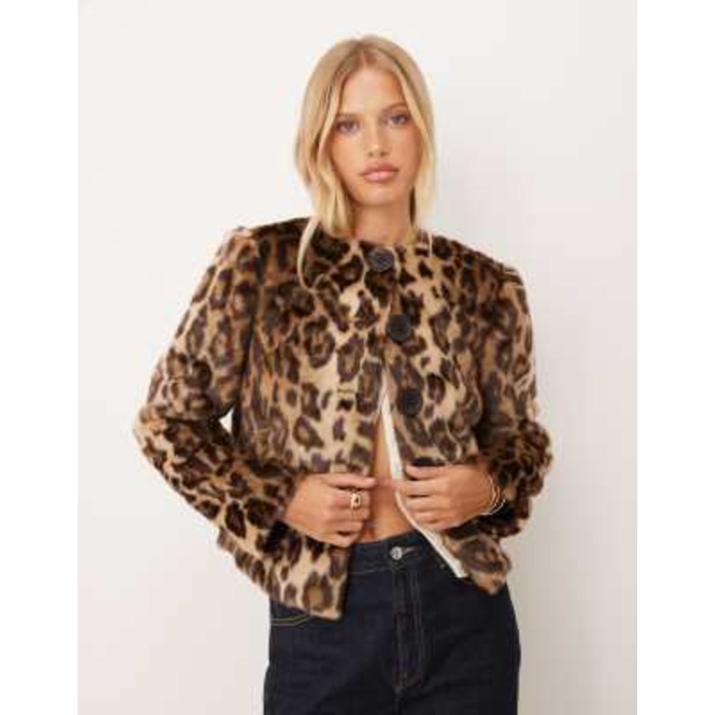 House of Sunny collarless leopard print faux fur jacket