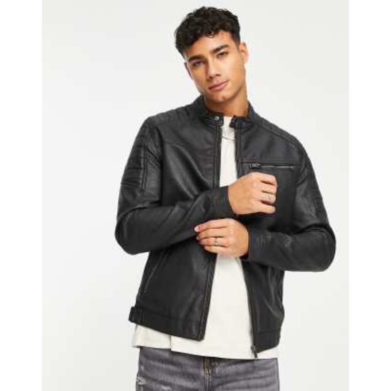 Jack & Jones Essentials faux leather racer jacket in black
