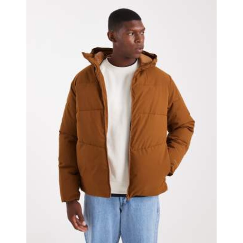 Jack & Jones hooded puffer jacket in tan