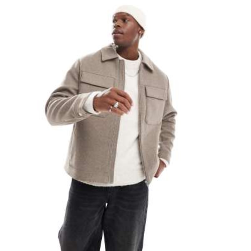 Jack & Jones wool mix cropped jacket with pockets in mocha