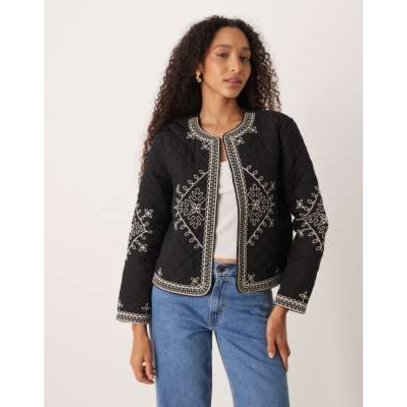 JDY embroidery detail quilted jacket in black