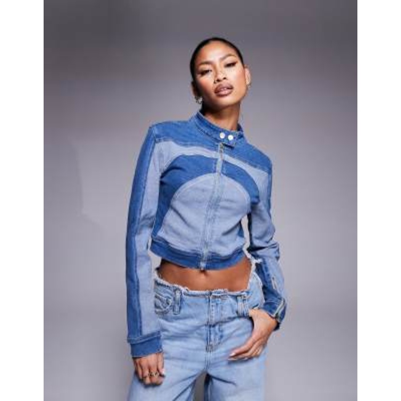 Liquor N Poker contrast panel zip through biker jacket in light blue multi