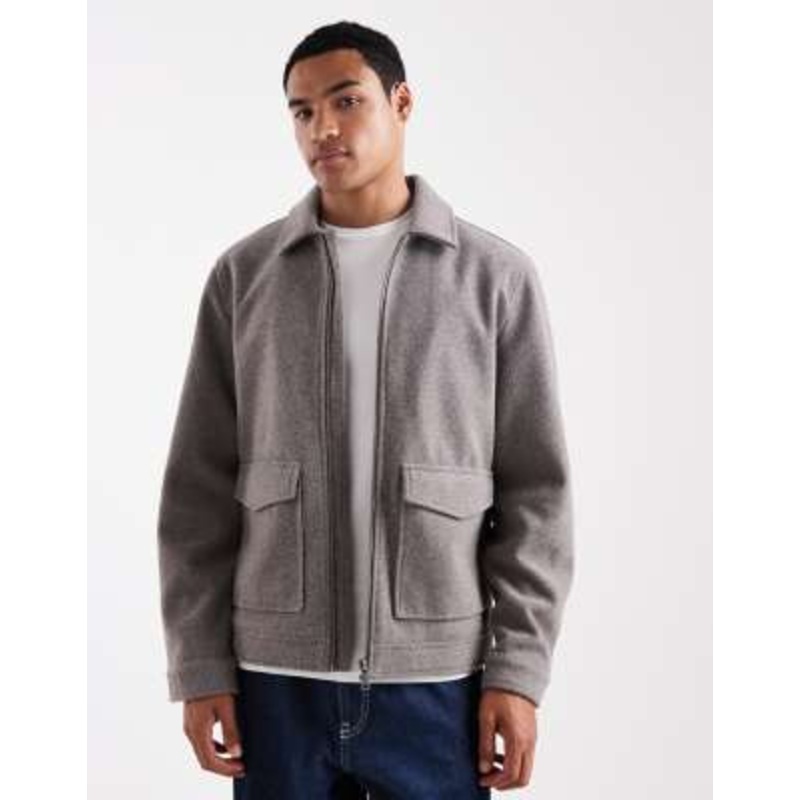 Threadbare wool look jacket with collar and zip front in taupe