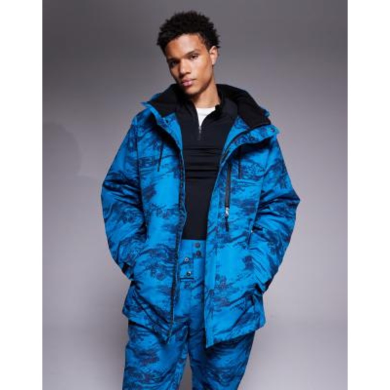 Threadbare zip through ski jacket with hood in blue and navy print