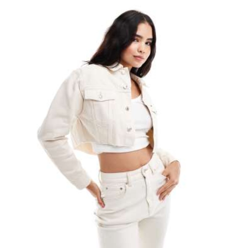 Tommy Jeans crop raw hem denim trucker jacket in off white
