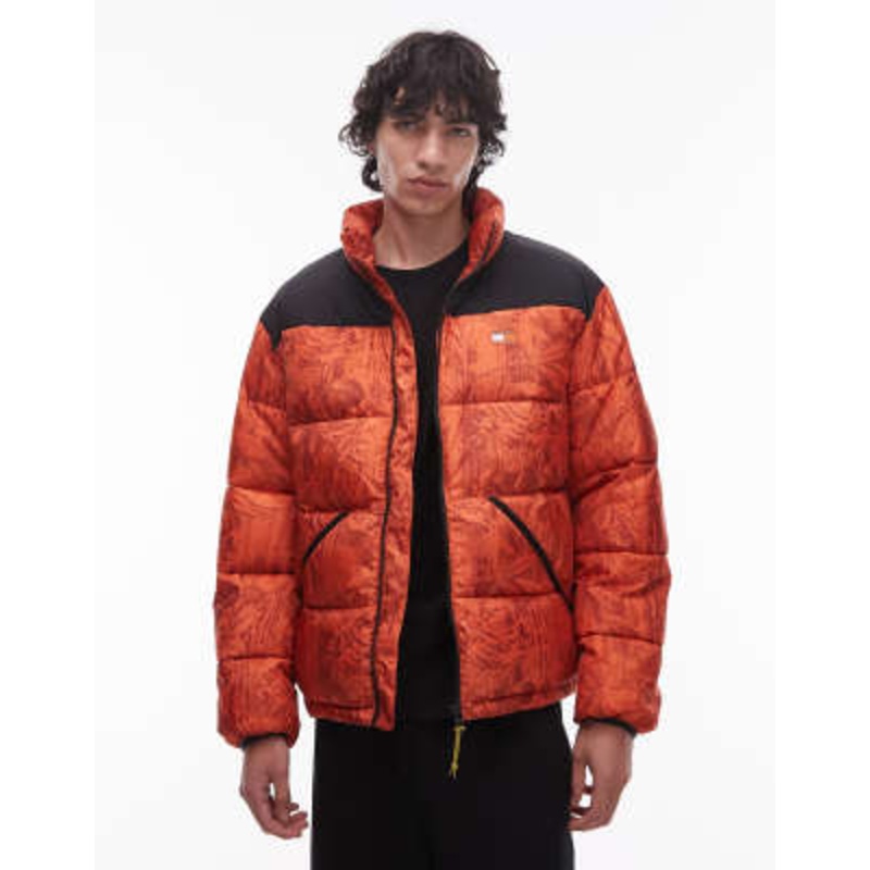 Tommy Jeans leafy all-over print puffer jacket in orange
