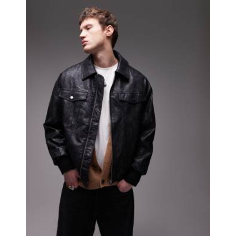 Topman distressed faux leather oversized bomber jacket in black