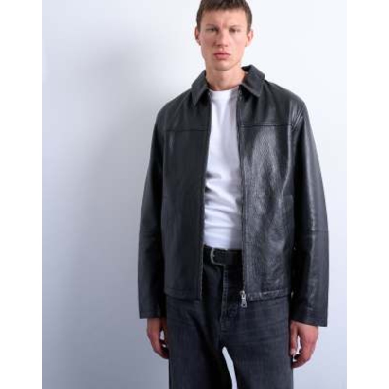 Topman real leather harrington jacket in black