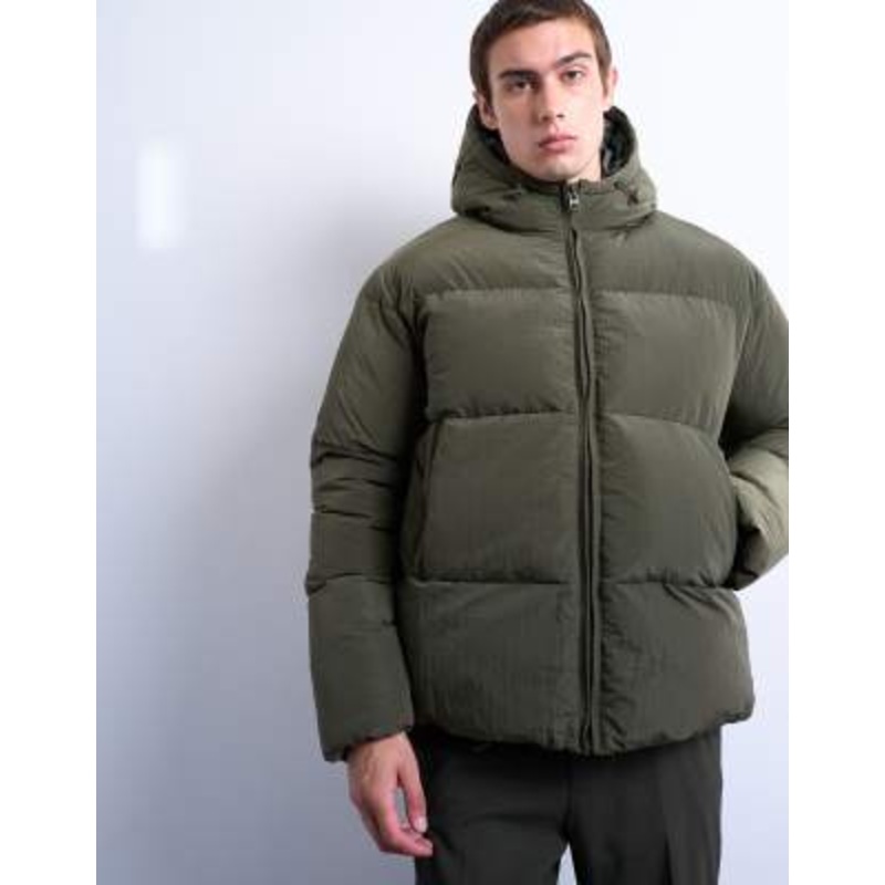 Topman textured puffer jacket in dark khaki green