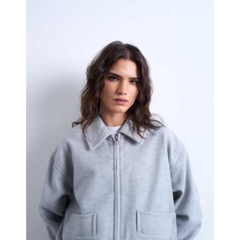 Topshop clean cropped quilted lined bomber jacket with wool in light gray
