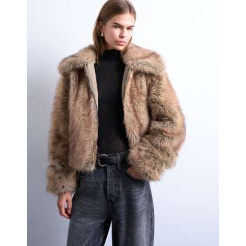 Topshop faux fur striped zip up bomber jacket in light brown