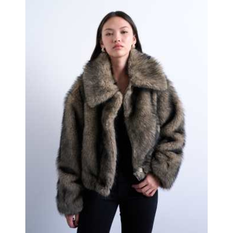 Topshop faux fur zip through bomber jacket in natural