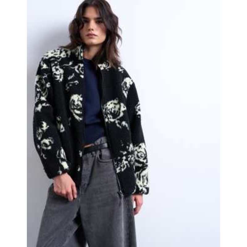 Topshop floral print fleece teddy jacket in black and white roses