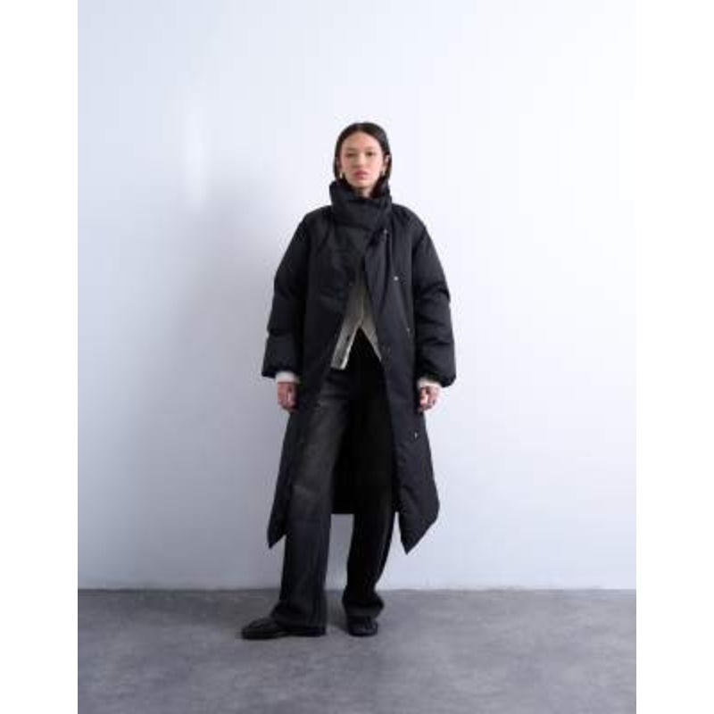 Topshop funnel neck longline belted puffer jacket in black