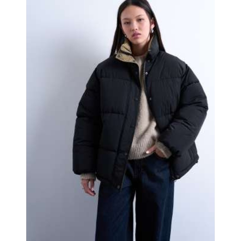 Topshop internal plaid puffer jacket in black