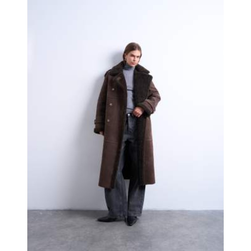 Topshop longline aviator faux shearling jacket in chocolate