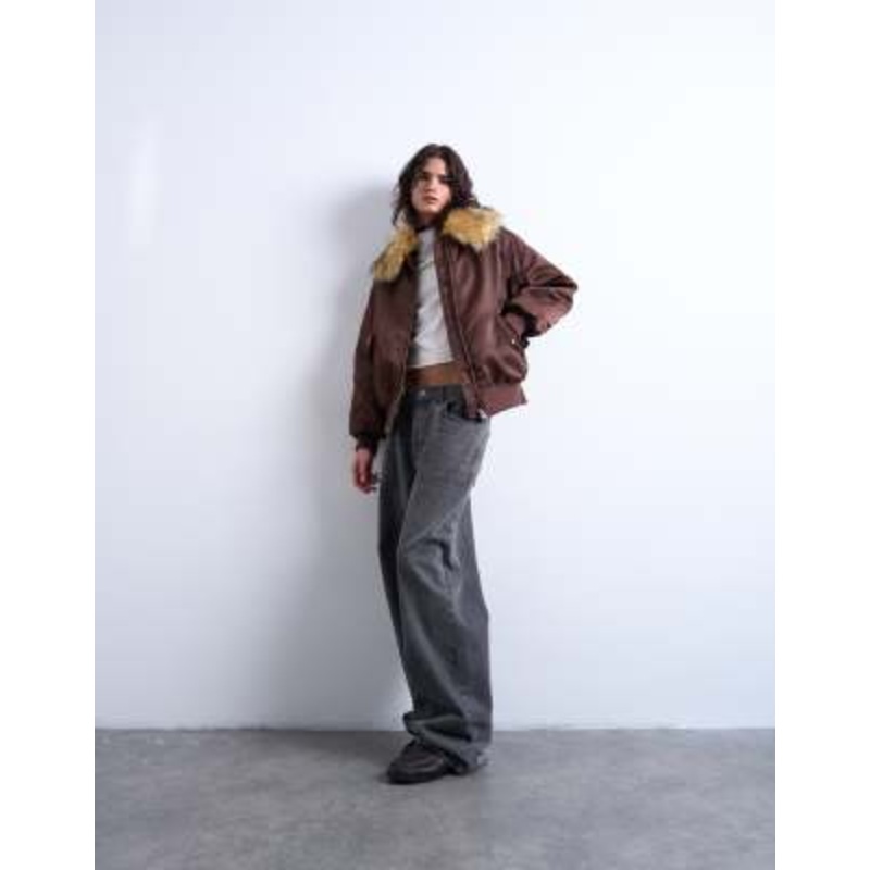 Topshop nylon bomber jacket with faux fur collar in chocolate