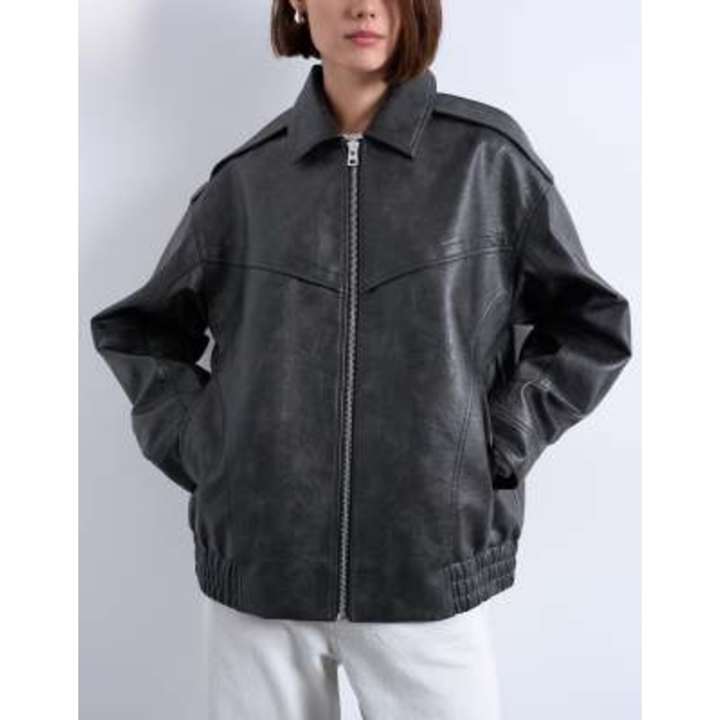 Topshop oversized faux leather bubble vintage wash seam detailing zip up bomber jacket in washed black