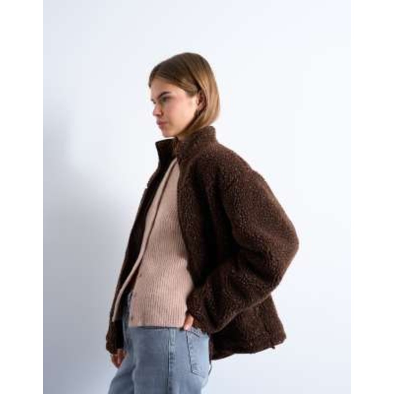 Topshop oversized funnel fleece jacket in chocolate speckle