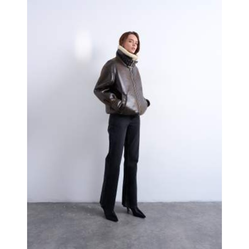 Topshop oversized tab detail shearling bomber jacket in brown