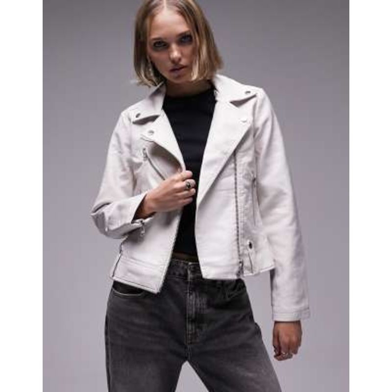 Topshop Petite faux leather biker jacket in off white