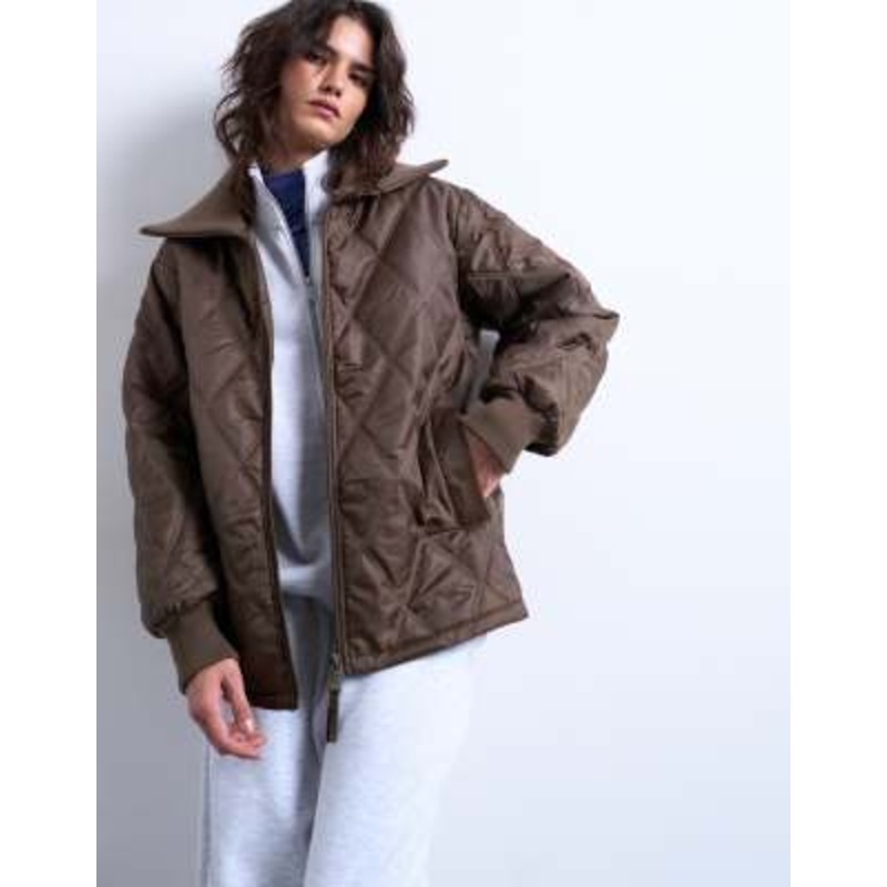 Topshop spread ribbed collar liner jacket in chocolate