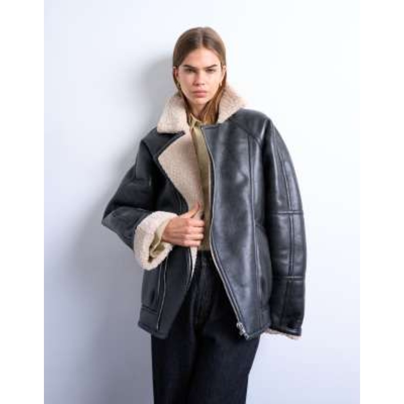 Topshop super oversized vintage wash faux shearling aviator bomber jacket in black