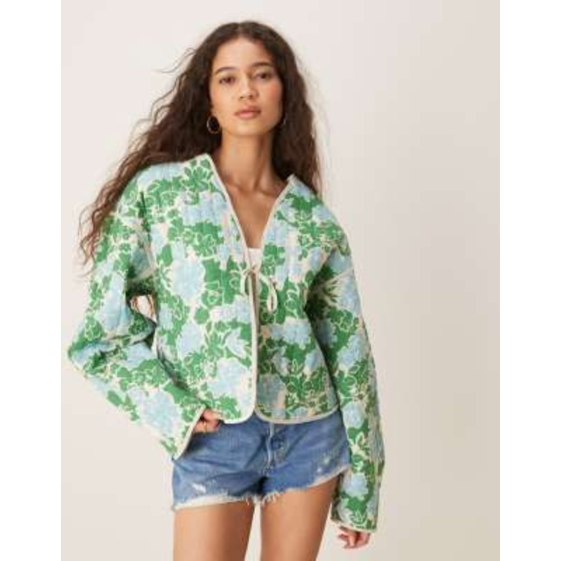 VILA tie front quilted jacket in blue and green floral