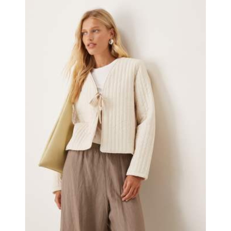 VILA tie front quilted jacket in cream