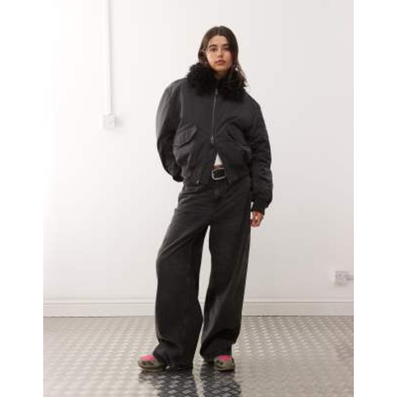 Weekday bomber jacket with faux fur collar in off-black