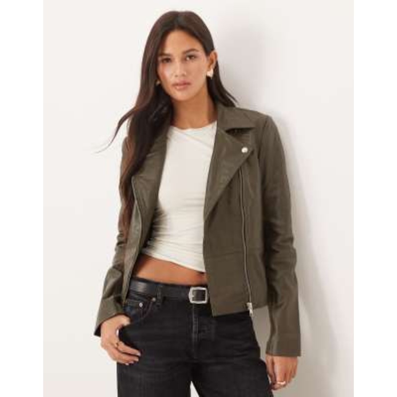 YAS premium leather biker jacket in olive green