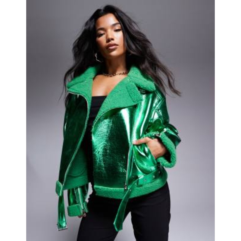Amy Lynn aviator jacket in metallic emerald green