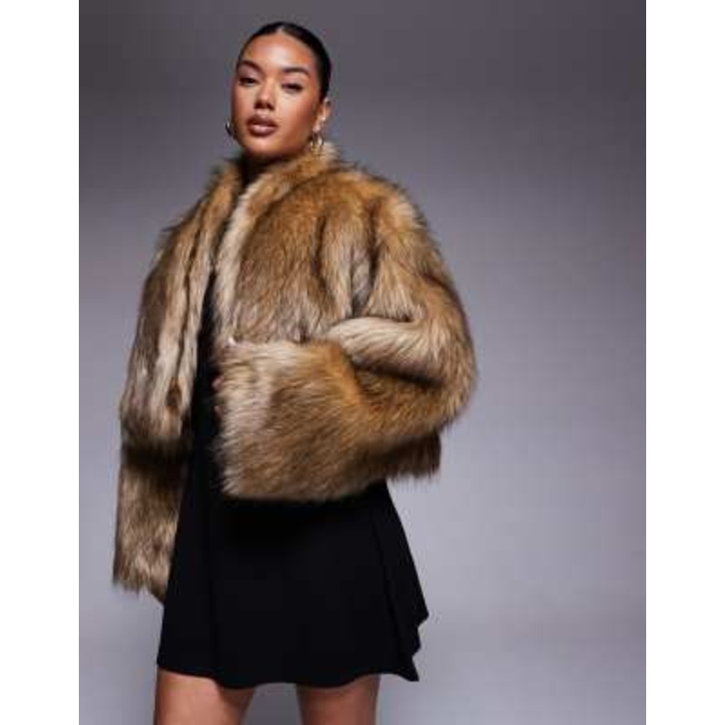 Aria Cove oversized cropped wide sleeve faux fur jacket in brown tipped fur