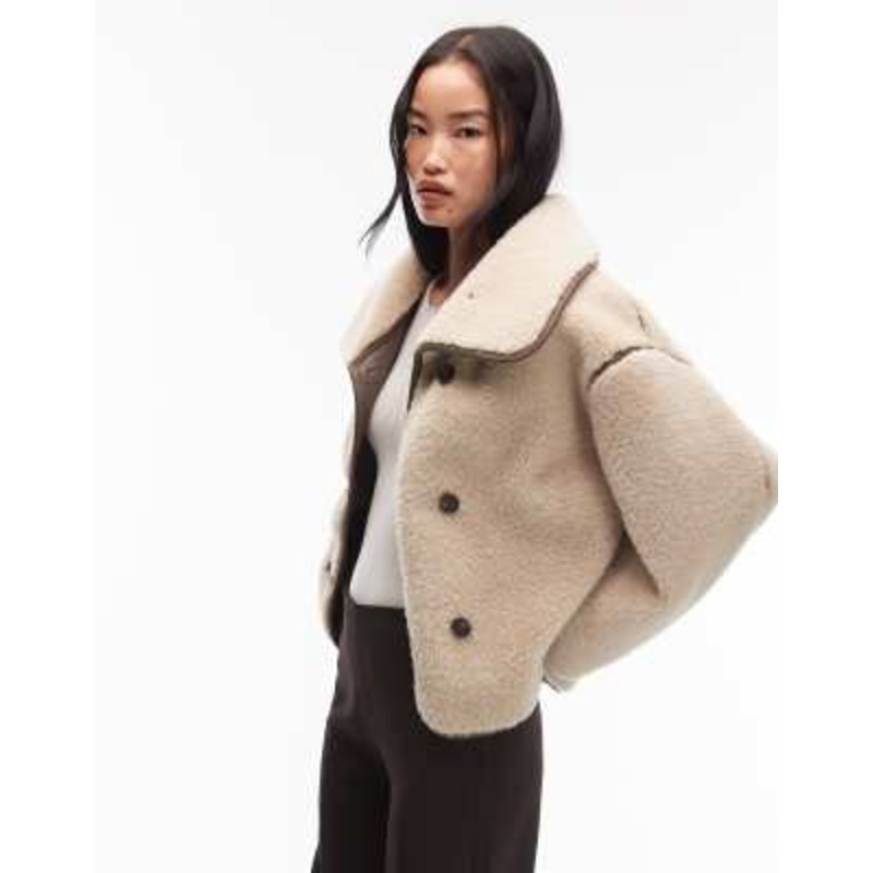 ARKET oversized faux shearling jacket in light beige with brown contrast edging