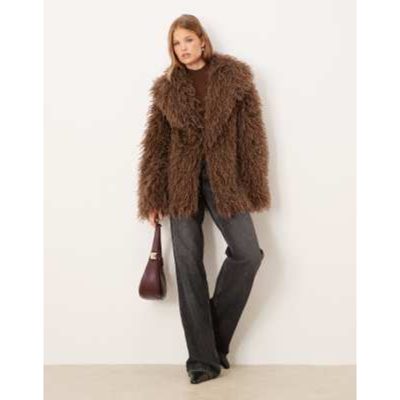 Brave Soul longline Mongolian faux fur jacket in chocolate brown