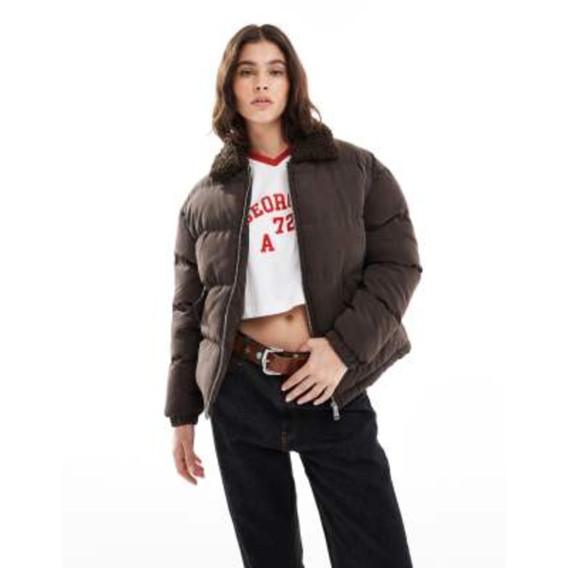 Brave Soul short puffer jacket with faux shearling collar in brown