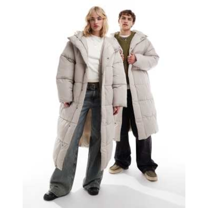 COLLUSION Unisex maxi puffer jacket with hood in stone
