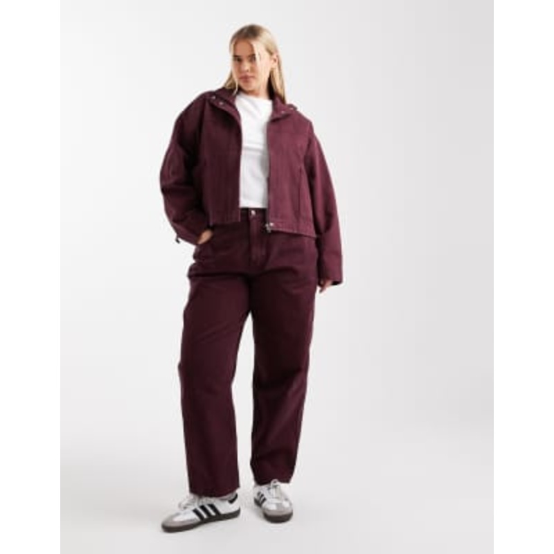 DESIGN Curve barrel jeans & jacket set in burgundy