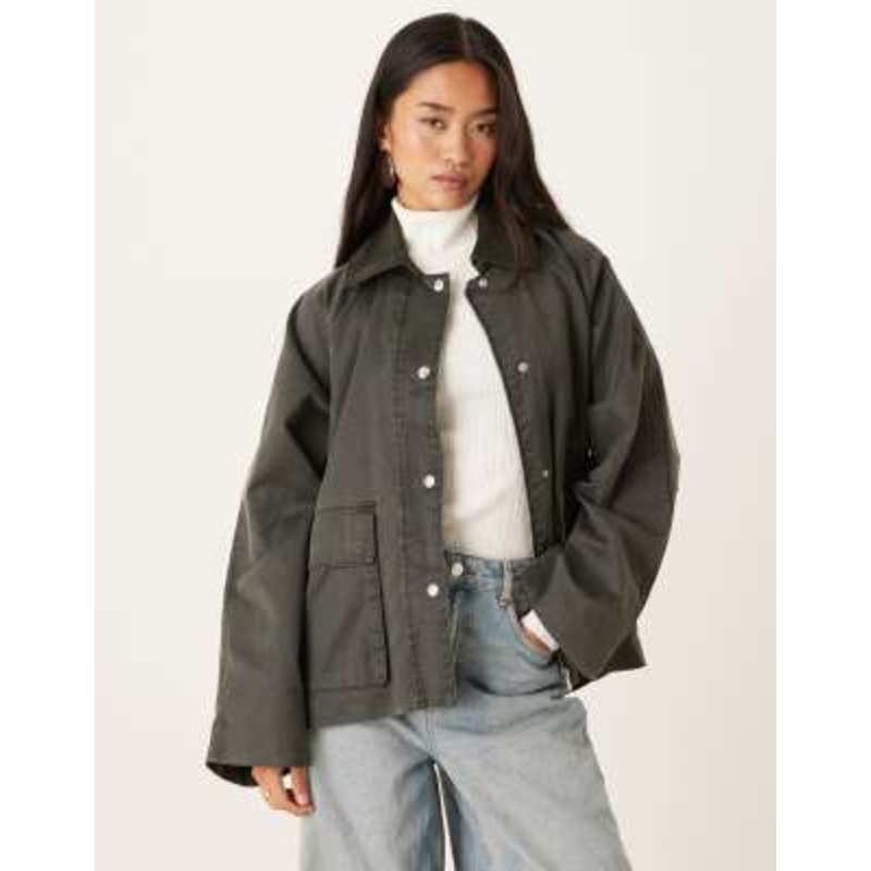 Gina Tricot quilted oversized jacket in dark khaki green with contrast corduroy collar