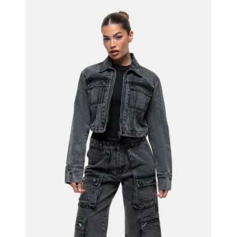 Good For Nothing cropped denim jacket in black acid wash – part of a set