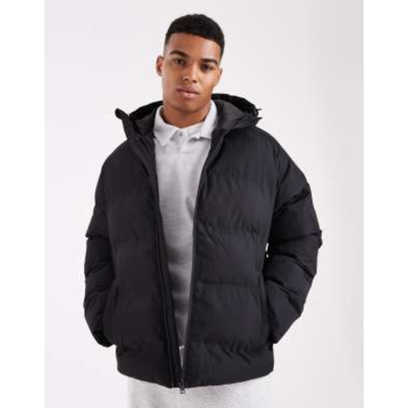 Jack & Jones thick puffer jacket with hood in black